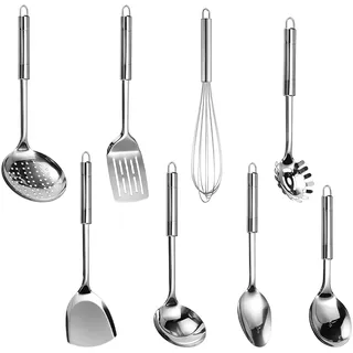 8 Teilig Edelstahl Kochutensilien Set, Edelstahl Küchenutensilien mit Aufhängbarer Griff, Kochlöffel Set, Küchenhelfer Set Spülmaschinenfest Hitzebeständig Robust für alle Küchenbedürfnisse