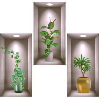 FIDDY 3D-Wandtattoo 3 Stück Wandtattoo Wohnzimmer Vasen, Wandsticker Vase Grüne Pflanzen