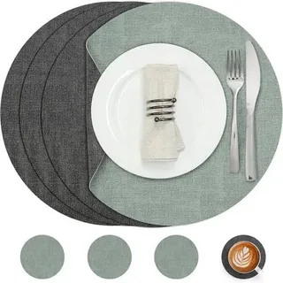 Tischsets Kunstleder abwaschbar rund 36cm Grau Salbeigrün 4er Set