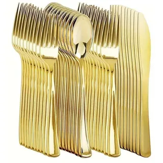 30 Stück Plastikbesteck,Wiederverwendbar Party Besteck Plastik,Plastiklöffel,PlastikLöffel,Plastik Messer,Robustes Kunststoffbesteck,Besteck für Familienfeiern,Hochzeit (Gold)