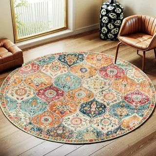Nyescasa Runder Teppich Vintage Boho Waschbar Baumwollteppich Mandala Bedruckt Wohnzimmerteppich Rund 120cm Flauschig Modern Teppich für Schlafzimmer Wohnzimmer Esszimmer Küche Innen