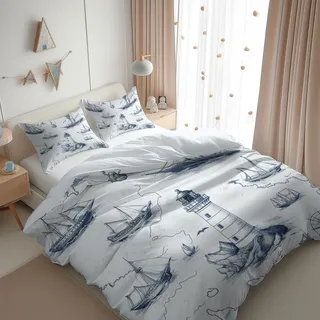 CozyRest Bettbezug 135 x 200 cm Maritimes Thema Retro-Stil Muster 3 Teilig Bettwäsche-Sets Weich Mikrofaser mit 2 mal Kissenbezüge 80x80 cm, Bügelfrei Knitterfrei Bettbezug für Allergiker geeignet