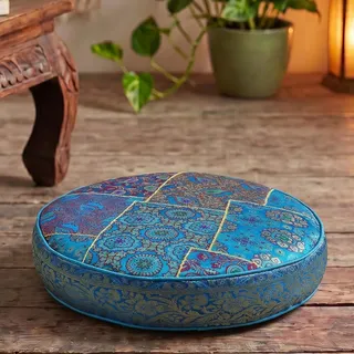 GURU SHOP Orientalisches Rundes Patchwork Kissen 40 cm, Sitzkissen, Bodenkissen mit Baumwollfüllung - Blau