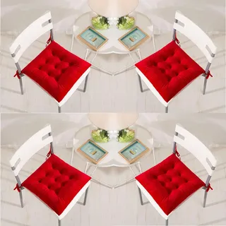 4er Set Stuhlkissen 40 x 40 cm Sitzkissen mit Bänder weicher Samt bequeme quadratische Sitzauflage kissen, für esszimmer stühle küche wohnzimmer terrasse garten indoor outdoor,Rot