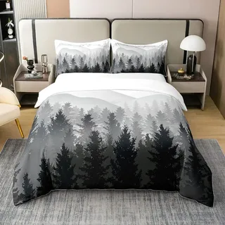 Loussiesd Natur 100% Baumwolle Bettwäsche Set 135x200cm Schwarz und Weiß Baum Berg Bettbezug Set für Frauen Schlafzimmer Natürliche Wald Dekor Betten Set Wilde Kunst Bettwäsche mit 1 Kissenbezug