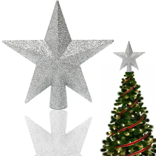 Weihnachtsbaumspitze Silber, Glänzender Christbaumspitze Stern aus bruchsicherem Kunststoff – Klassische 20cm Baumspitze für Weihnachten, Elegante Tannenbaumspitze für eine Festliche Dekoration