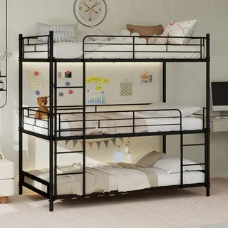 Schweres Dreifach-rahmenbett Mit Eingebauter Leiter Und Durchgehendem Geländer, Bodensicher Für Kinder/jugendliche/erwachsene, Schlafzimmer/schlafsaal, Keine Federn Erforderlich, Einfach Zu Montieren,