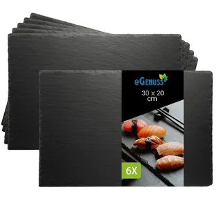 eGenuss Schieferplatten 6er-Set – Servierplatten aus Naturschiefer, schwarze Dessertteller & Sushi-Teller Gastronomie Catering – rechteckig 30x20 cm