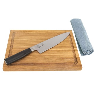 Kai Shun Tim Mälzer Geschenkset Kamagata TMK-0706 Kochmesser 20 cm, ultrascharfes Japan Messer+ massives Schneidebrett, 30x22 cm, (Eiche)+ Poliertuch