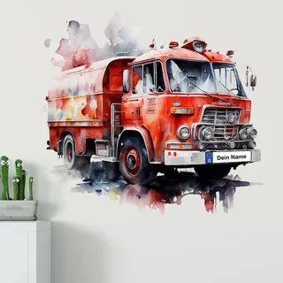 GRAZDesign Wandtattoo Feuerwehr Kinderzimmer Junge mit Namen personalisiert, Wand Aufkleber Tattoo Kinder Auto, Feuerwehrauto Wandaufkleber für Jungenzimmer 61x57cm