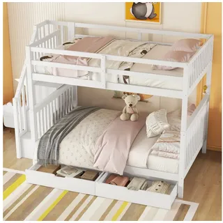 HAUSS SPOLE Etagenbett 140x200cm, mit zwei Schubladen, hohe Geländer, Treppenregal, weiß (Treppenregal, ausgestattet mit zwei Schubladen, hohe Geländer, 140*200cm), ohne Matratze