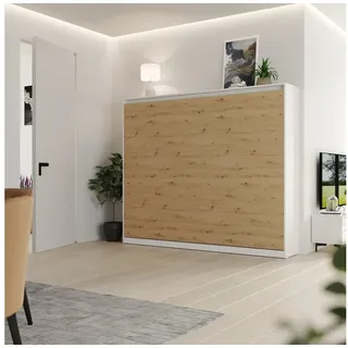 HeimLiving Schrankbett Classico 100x200 cm, 140x200 cm, 160x200 cm Horizontal Weiß/Wildeiche Gasdruckfedern