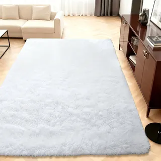 QENHYUN Moderner Hochflor Teppich 130 x 200 cm Extra Weich Bettvorleger High Pile Moderner für Kinderzimmer Teenager Schlafsaal, Weiß