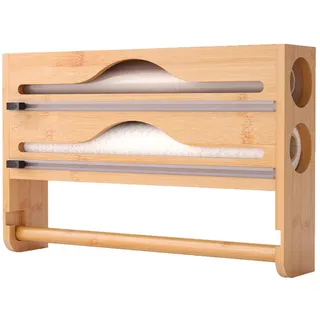 Buhdjfnke Küchenfolie und Plastikfolie Organizer mit Folienspender Aus Aluminium-Bambus, Einschließlich Papiertuchhalter B