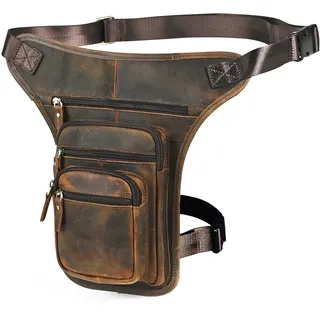 Herren Canvas + Leder Motorrad Reiten Tasche Beinbeutel Beintasche Außenbeintasche Hüfttasche Drop Leg Tasche FB913-5 (100% Echtleder-X3111 Braun)