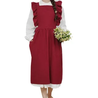 Bubmari Baumwolle Vintage Kittelschürze Damen Mit Rüschen, Verstellbare Latzschürze Mit Gekreuztem Rücken Und 2 Taschen, Schmutzabweisende Kochschürze Für Küche, Backen - Einheitsgröße