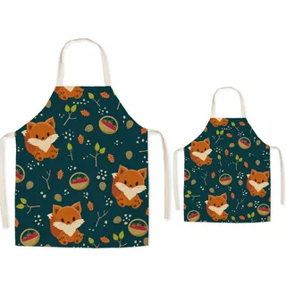 FOMUNI Eltern-Kind-Schürze, Kinder-Erwachsenen-Leinenschürze mit Druck, Fuchs, Adult: 25.6x30inch, Child: 17.7x22inch - Adult: 65 x 76.2 cm, Child: 45 55.9 cm