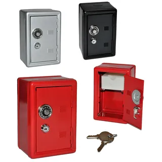 Spardose Tresor Schrank rot/schwarz/grau - mit Schlüssel - stabile Sparbüchse für die Reisekasse aus Metall - Safe Tresorschrank Geld Sparschwein