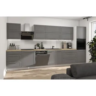 Küchenzeile KVANTUM 400cm Hochfaltklappe weiß Fronten MDF dust grey matt Teilaus