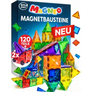 Magneo® Magnetische Bausteine (120 teilig inkl. 2 Autos) - Magnetbausteine für Kinder ab 3 Jahren - Pädagogisches Magnetspielzeug - Kreatives Magnet Spielzeug mit starken Magneten für Jungen & Mädchen
