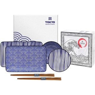 TOKYO design studio Nippon Blue Sushi-Set blau-weiß, 6-TLG., 2X Sushi-Platten 2X Saucen-Schalen, 2X Essstäbchen, asiatisches Porzellan, Japanisches Design, inkl. Geschenk-Verpackung