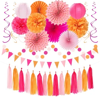 Party-Dekorationen in Hot Pink, gebranntes Orange, 33 Stück, Geburtstags-Banner, Luftschlangen, Quasten-Girlande, Sonnenuntergang, Herbst, Erntedankfest, Papierlaternenfächer,