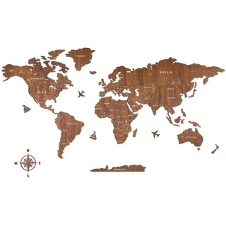 Creawoo Weltkarte Wanddekoration aus Holz, Walnuss Weltkarte Reisekarte Wanddeko Wandkunst für Büro, Wohnzimmer, Schlafzimmer (100x57 cm)