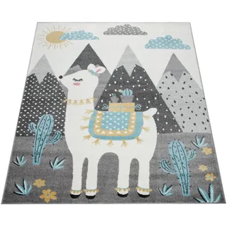 Paco Home Kinderteppich, Teppich Kinderzimmer Lama Berge Kinder-motiv, Grau Türkis Gelb, Grösse:120x160 cm,