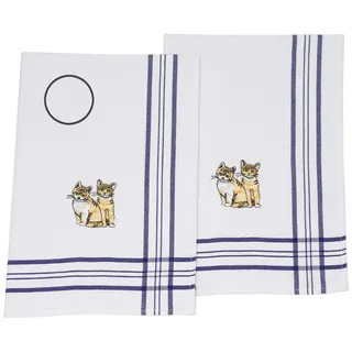 Betz 2er Set Geschirrtücher Geschirrhandtuch Küchenhandtuch Gläsertücher Handtuch Waffelpiqué blau Bestickt Motiv Kätzchen Größe: 50 x 70 cm