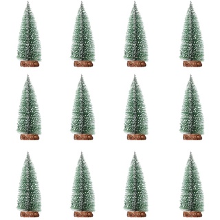 Niuirb Künstlicher Mini-Weihnachtsbaum aus Sisal, Schnee, Frost, 10 cm, Miniatur-Kiefer mit Holzsockel, Flaschenbürste, Bäume für Weihnachten, Zuhause, Party, Tischdekoration, 12 Stück