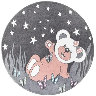 Carpet City Teppich Kinderzimmer Teddy-Bär - Grau, Rosa - 160 cm, Rund, - Kinderteppich, Kurzflor mit Sternen, Schmetterlingen - Weicher Flor