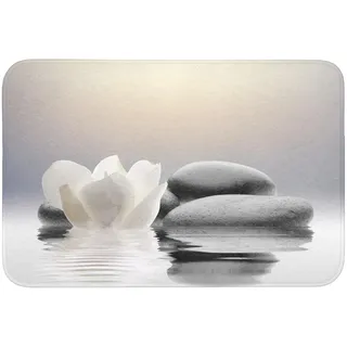 BADEMATTE Steine - Lotus - Weiß - Wasser - Zen Badvorleger 90x60 cm