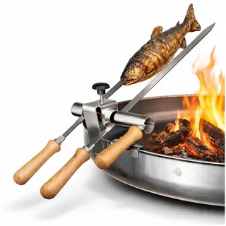 Schilling Fischgrilltechnik Grillguthalter Feuerschale Edelstahlspieße kleine Schalen für Steckerlfisch, Edelstahl & Buche, (Komplettset, Halterung, Spieße, Schrauben, Griffe, Anleitung + Probegewürz), Stabiler Feuerschalen Steckerlfischhalter - traditionell Fischgrillen grau|silberfarben