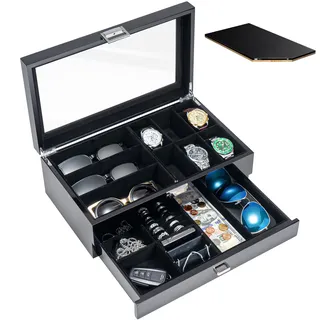 ProCase Uhrenbox aus Holz mit 6 Fächern, Uhren und Sonnenbrillen Aufbewahrung mit 2 Ebenen, Schmuckkästchen für Herren, Uhrenkasten mit Glasdeckel -Schwarz