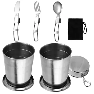 Lepidi 2 Stück Edelstahl Faltbecher, 250ml, Camping-Set mit Klappbecher, Messer, Gabel, Löffel, Silber