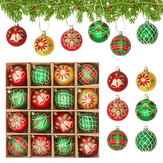 16 Stück Weihnachtskugeln Dekorationen,6cm bruchsichere hängende Weihnachtskugel,Hängende Weihnachtskugeln Kugeln Ornamente für Weihnachtsbaum,Weihnachtsbaum Dekoration Set für Xmas Party,Rot,Grün