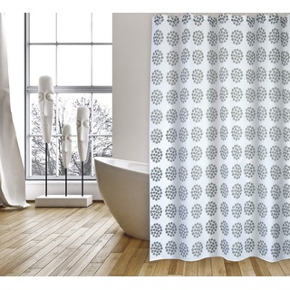 Cotexsa by MSV Premium Anti-Schimmel Textil Duschvorhang - Anti-Bakteriell mit 12 Duschvorhang-Ringen - Polyester, „Begonia“ Weiß/Schwarz 180x200cm – Made in Spain