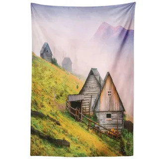 Abakuhaus Wandteppich aus Weiches Mikrofaser Stoff Für das Wohn und Schlafzimmer, rechteckig, Natur Holzhäuser Berg braun|grün 140 cm x 230 cm