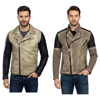 Lässige Herren Biker-Jacke Washed Design mit Kunstleder Ärmeln Slim Fit Übergangs-Jacke in Beige oder Camel - L