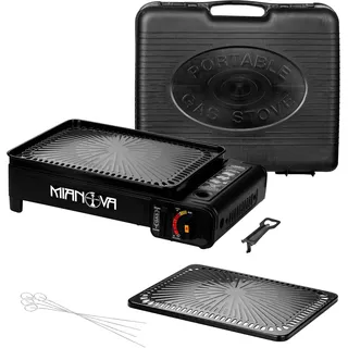 Taffstyle Gas Campingkocher Gaskocher Outdoor BBQ Tisch Grill Platte Notfallkocher Camping Herd 1 Flammig mit Koffer Barbecue Tischgrill Grillplatte für Gaskartuschen Gasflaschen Schwarz