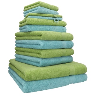 Betz 12-TLG. Handtuch Set Premium 100% Baumwolle 2 Duschtücher 4 Handtücher 2 Gästetücher 2 Seiftücher 2 Waschhandschuhe Farbe Ocean/avocadogrün