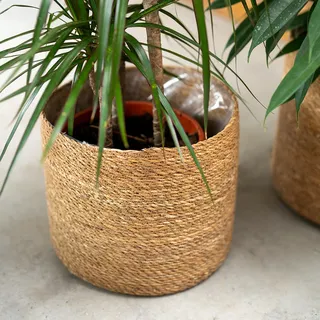 DARO DEKO Seegras Korb rund Natur Ø 27 x 24 mit Einsatz Blumentopf geflochten Aufbewahrungskorb Über-Topf Blumenkorb