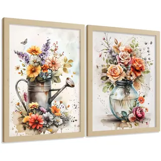 POSTER 2er Set Blumen-Wandbilder Rosen in Vase Botanisches Aquarell Bunt Küche Wohnzimmer Wanddeko Rahmenlos A4