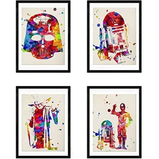 POSTER Set mit 4 Star Wars Film Darth Vader, Yoda, R2D2 und C3PO A4 Schwarzer Rahmen