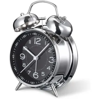 Leistungsstarker Wecker Für Tiefschläfer, 10 Cm Geräuschloser Quarz-retro-wecker, Kein Ticken, Mit Hintergrundbeleuchtung, Dual-alarm, Analog, Für Schlafzimmer Und Nachttisch (schwarz)