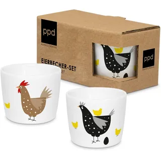 ReWu Eierbecher Breakfast Geschirr Hühner Motiv 2er-Set Porzellan Eierhalter Eierständer Ostern Tischdekoration Frühstücksgeschirr Geschenkidee