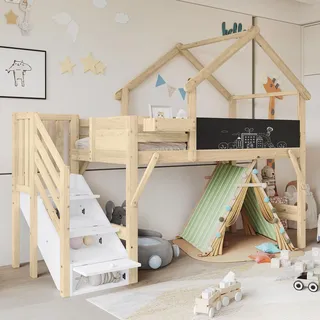 Ball & Cast Kinderbett (90x200cm) Hochbett mit Treppe, Etagenbett mit Absturzsicherung und Gitterstäben, Bemalbare Tafel, Weiß+Natur