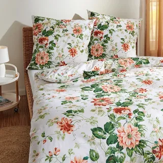 Traumschlaf Feinflanell Bettwäsche Blumen grün 200x220 cm + 2x 80x80 cm - grün;orange;weiß