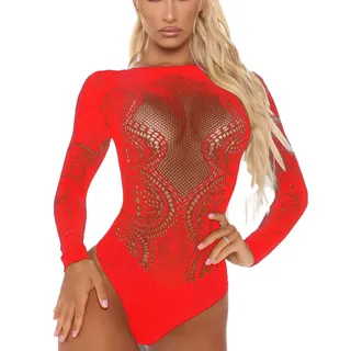 Bommi Fairy Damen Body Sexy Mesh Langarm Bodysuit Bluse Rundhals Oberteile Babydoll Lingerie Jumpsuit Bodysuit Einteilige Teddy (Rot) - XS-XXL
