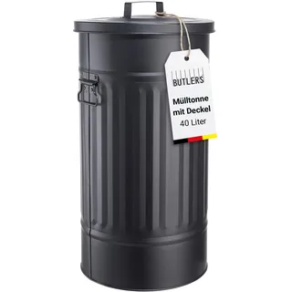 BUTLERS ZINC Mülltonne Oskar, Retro Mülleimer mit Deckel, 40 Liter, Metall | Schwarz, ideal für Müll, gelber Sack & zur Aufbewahrung, für Küche, Bad & Büro, Vintage Abfalleimer mit Tragegriffen